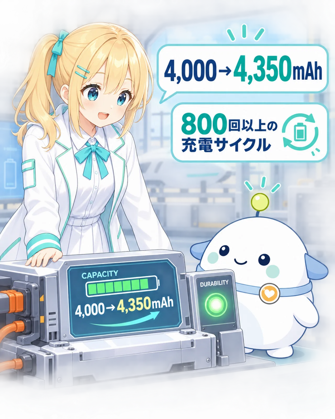 電池容量が4,000mAhから4,350mAhへ増え、800回以上の充電サイクルに対応すると示す図解