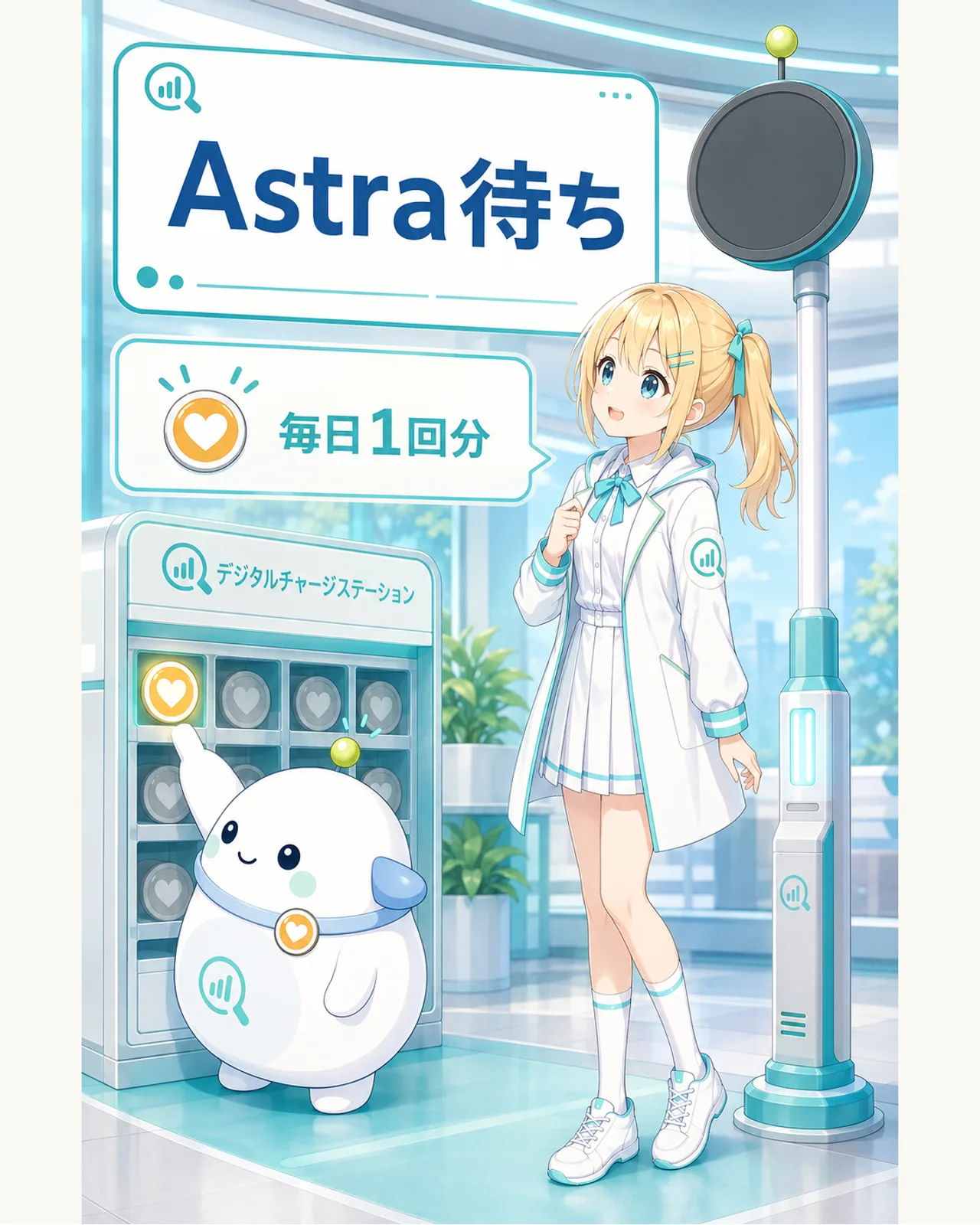 Astra待ちの間、対象日ごとに1回分の保存型リセット権が付く案内を、ひまりとらぼまるがチャージ装置で確認する図