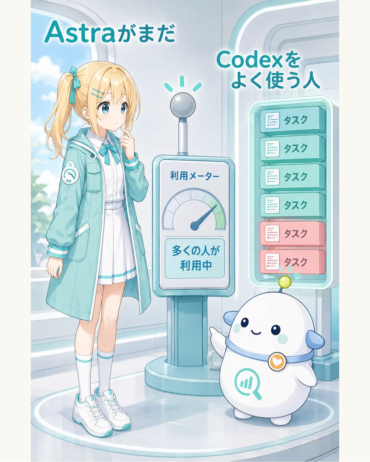 Astraがまだ届かず、Codexをよく使う人に関係することを、利用メーターとタスク列で示す図