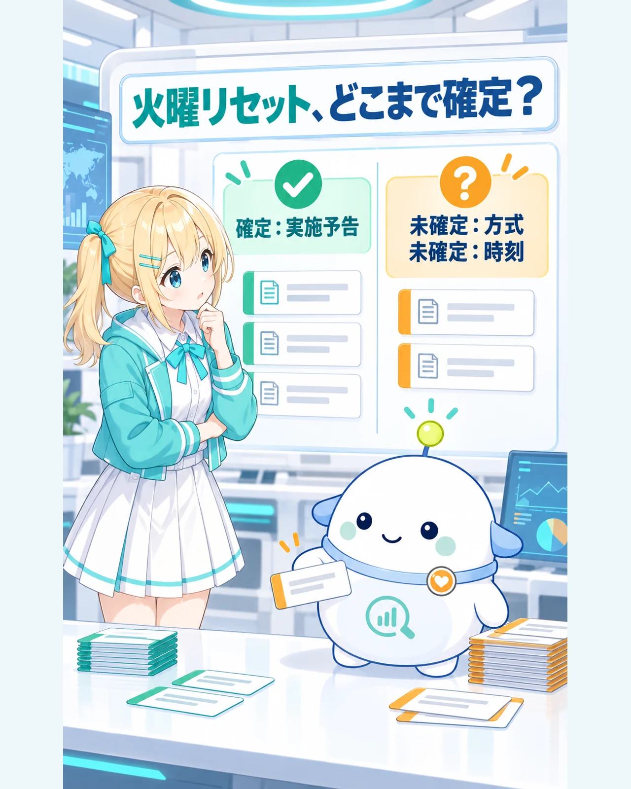 火曜日のリセット予告は確定している一方、方式と時刻は未確定であることを示す図