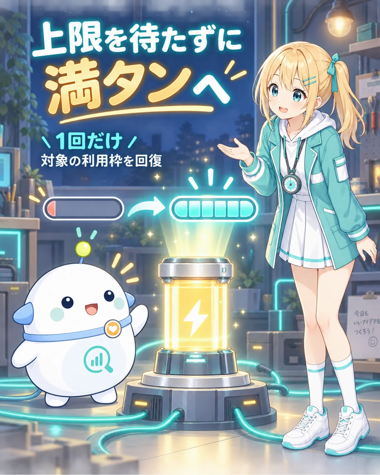 Claudeの無料リセットで空に近い利用枠が満タンへ戻る仕組みを、一度きりの予備セルとゲージで示す図解