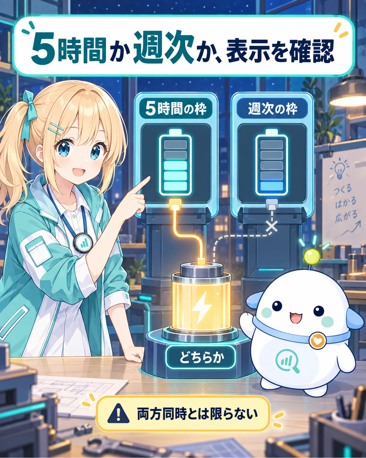 5時間の枠と週次の枠の2つのゲージを並べ、表示されたどちらかが回復し、両方同時とは限らないことを示す図解