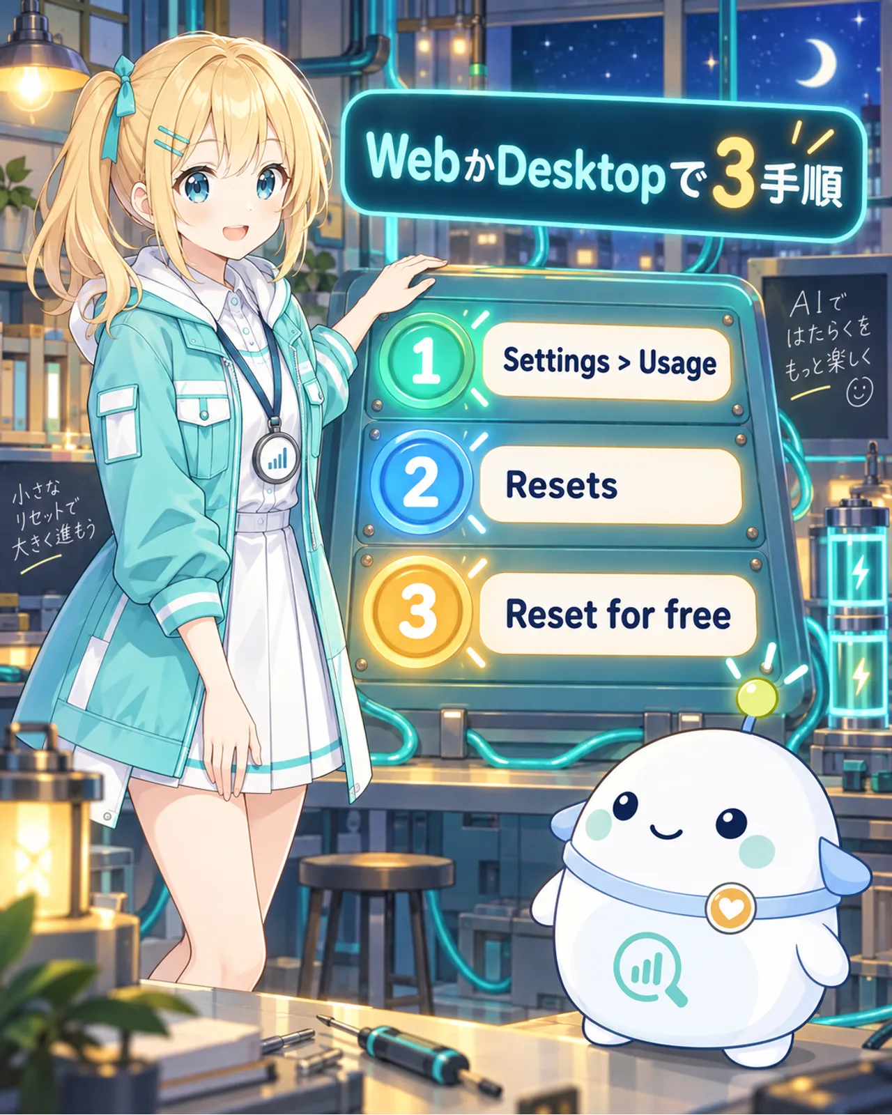 Web版またはDesktopでSettings、Usage、Resets、Reset for freeの順に進む3手順を示す図解