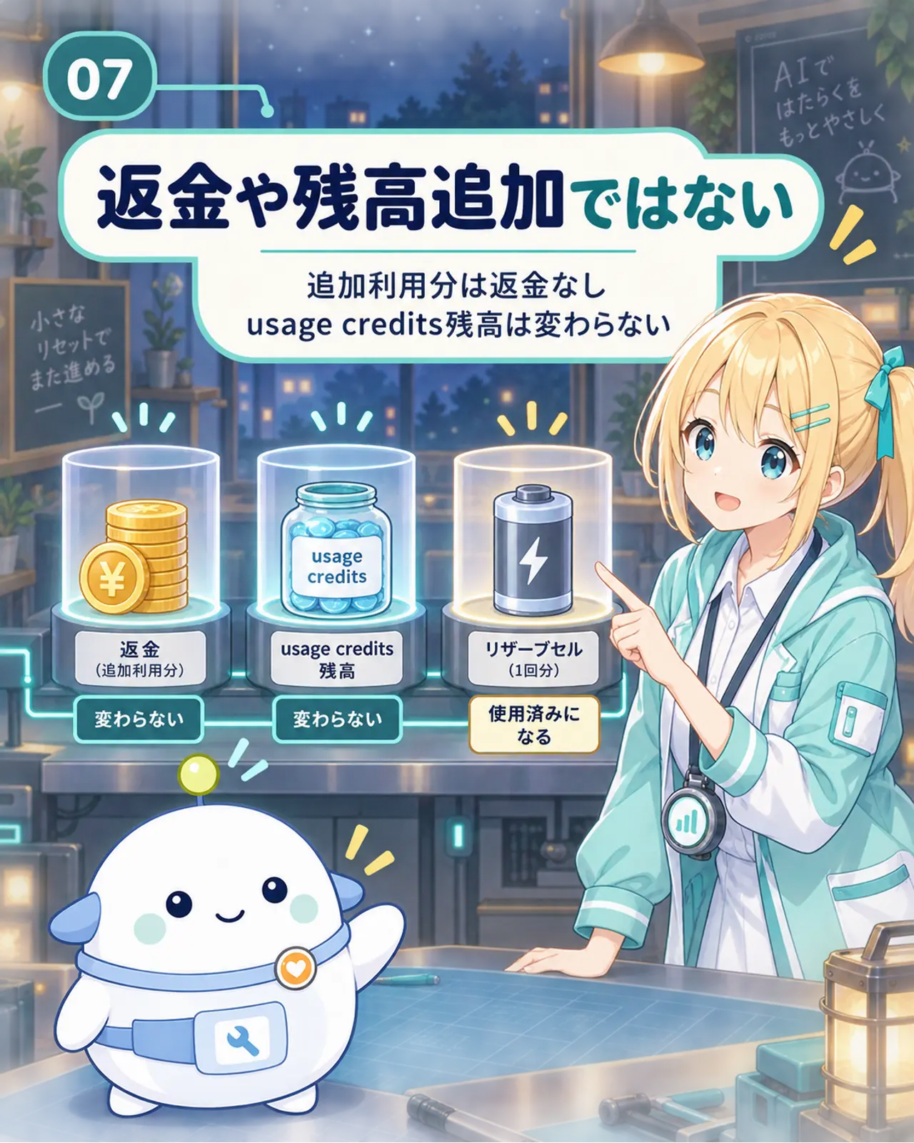 無料リセットは一度きりの利用枠だけを回復し、追加利用分の返金やusage credits残高の追加ではないことを示す図解