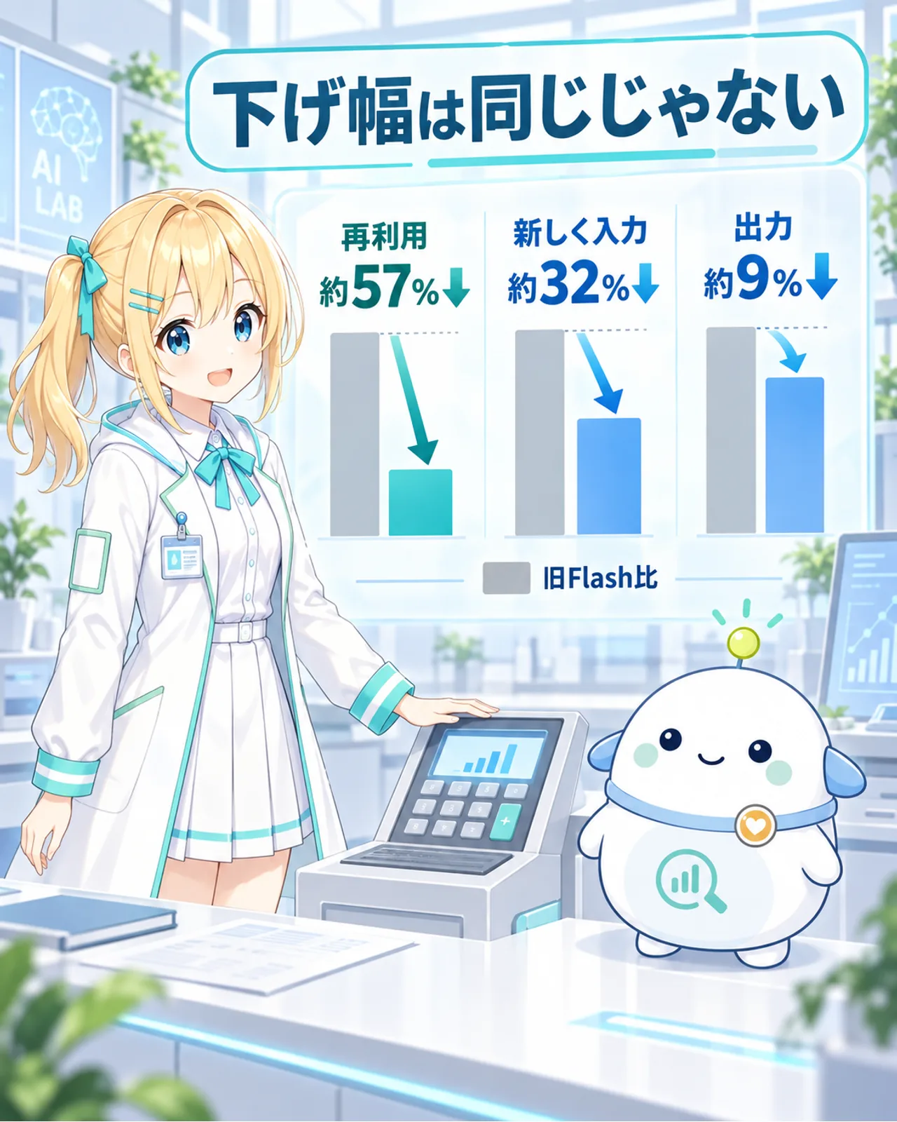 旧V4 Flashと比べた料金の下げ幅。キャッシュヒット入力は約57%、キャッシュミス入力は約32%、出力は約9%の値下げ