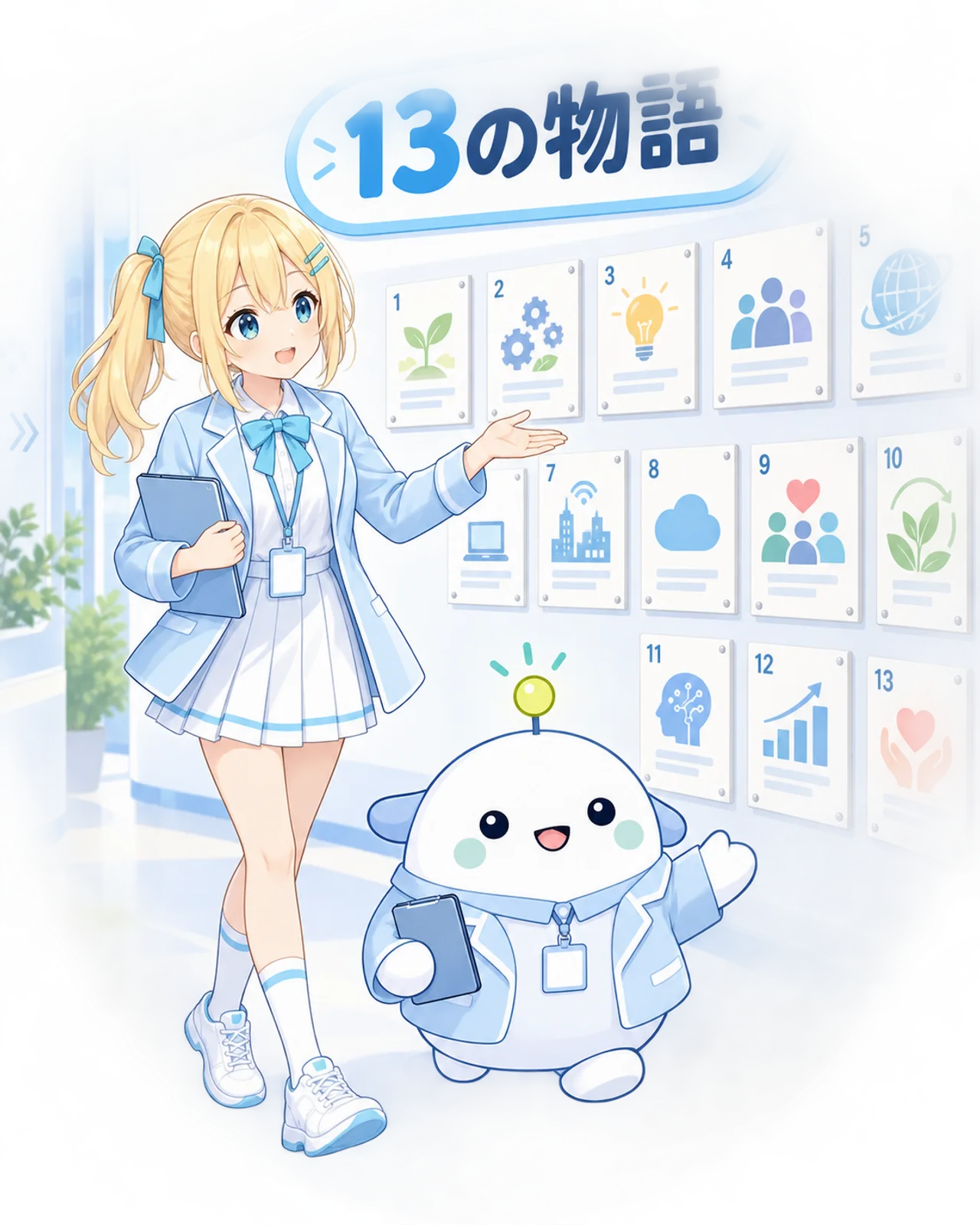 13のストーリーをひまりとらぼまるが展示室で確認する図。公式サイトは技術を生かす13の人・団体を紹介している。