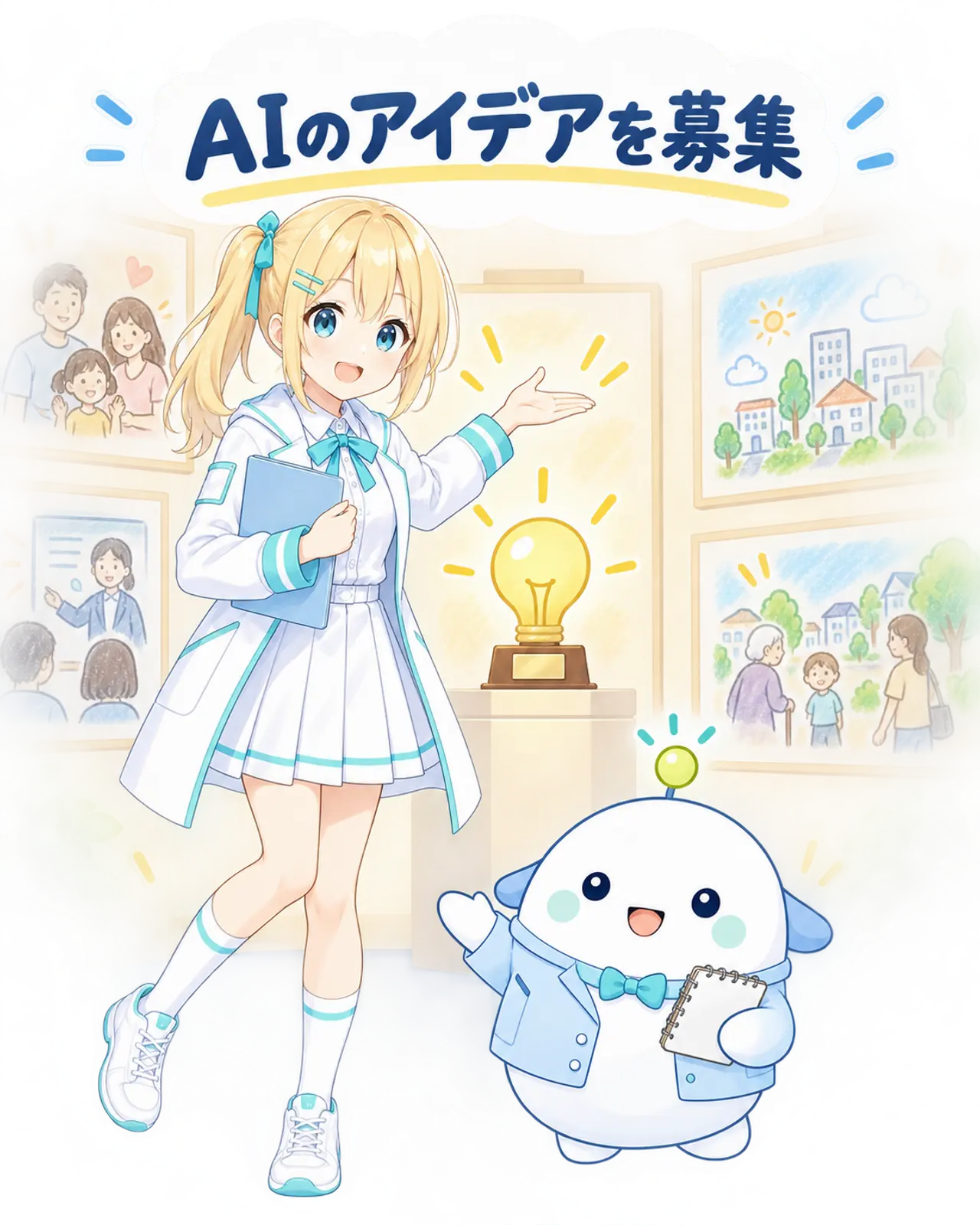 AIアイデア企画をひまりとらぼまるが展示室で確認する図。GoogleのAIを使った課題解決のアイデアや成果物を募る企画。