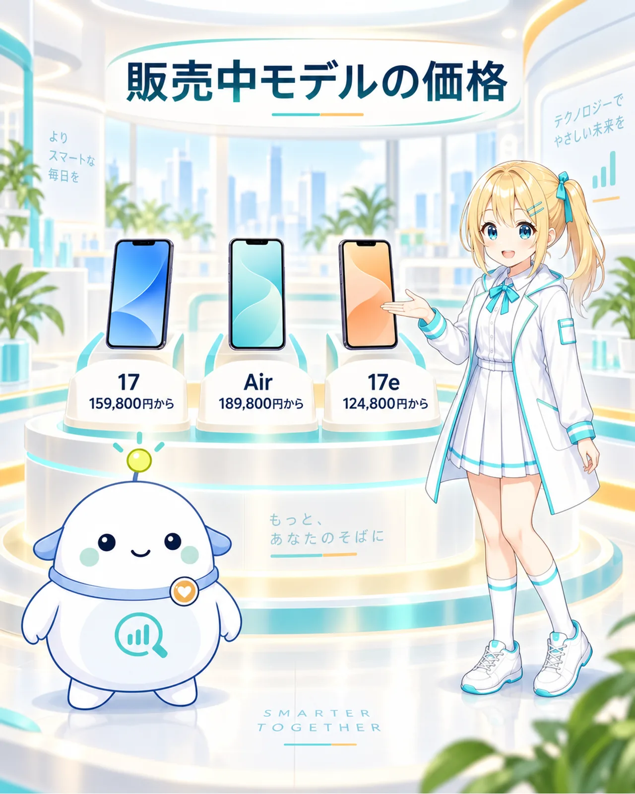 iPhone 17は159,800円から、Airは189,800円から、17eは124,800円からと示す図解