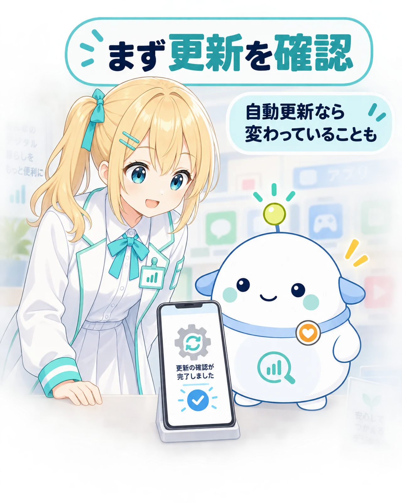 台に置いたスマートフォンで更新状況を確認するひまりとらぼまるの図解