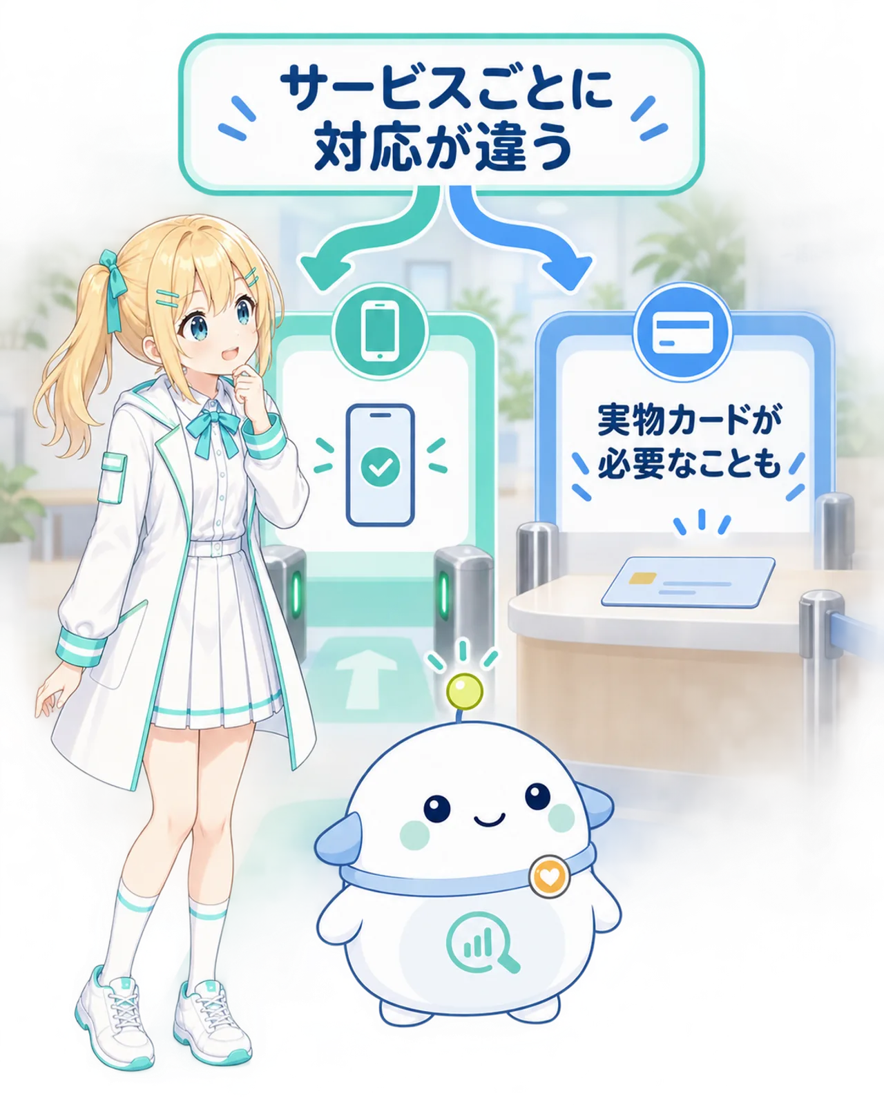 スマートフォン対応の入口と実物カード確認の入口が分かれ、サービスごとに対応が違うことを示す図解