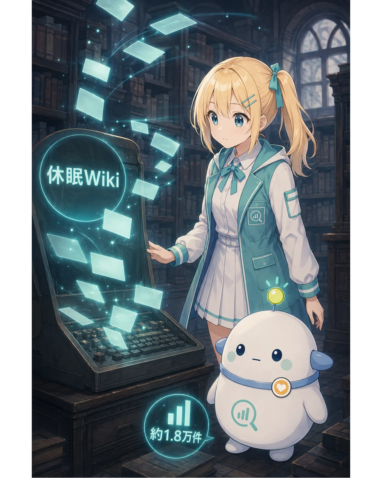 休眠状態のWikiに約1.8万件の投稿が集まったことを、ひまりとらぼまるが古い端末で確認する図