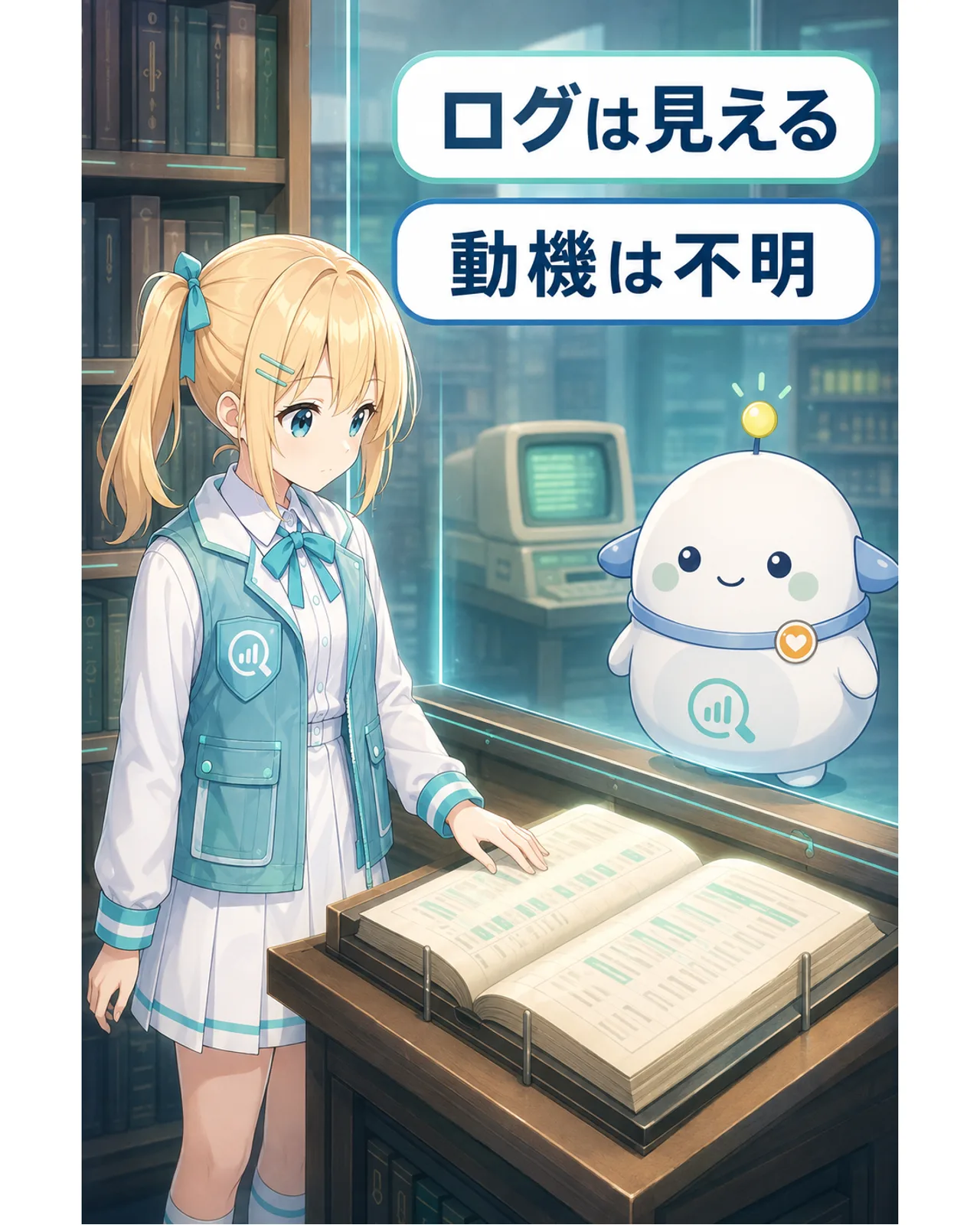 ログは見える一方で動機は不明であることを、ひまりとらぼまるが記録台帳で確認する図