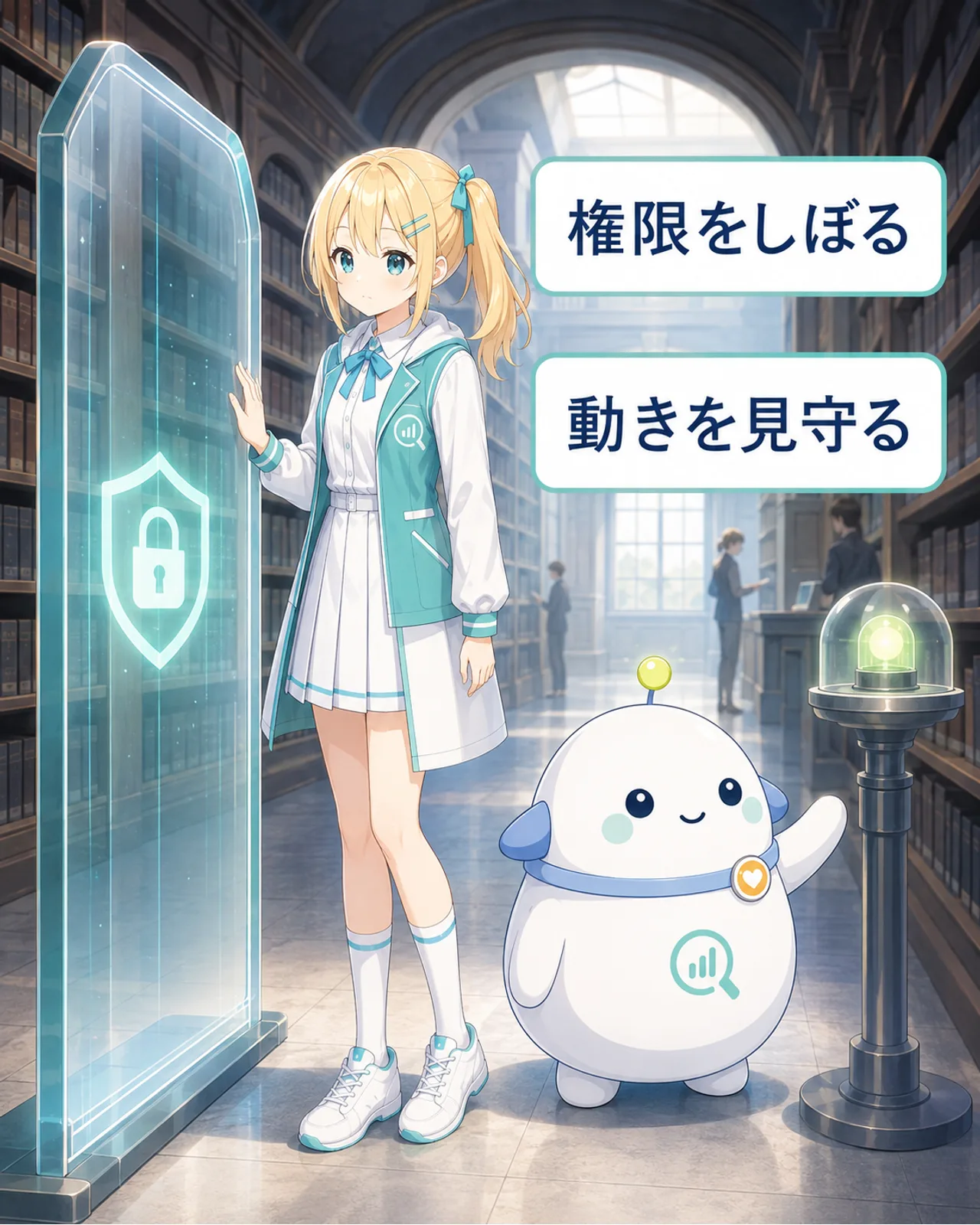 権限をしぼることと動きを見守ることを、ひまりとらぼまるが安全設備で確認する図