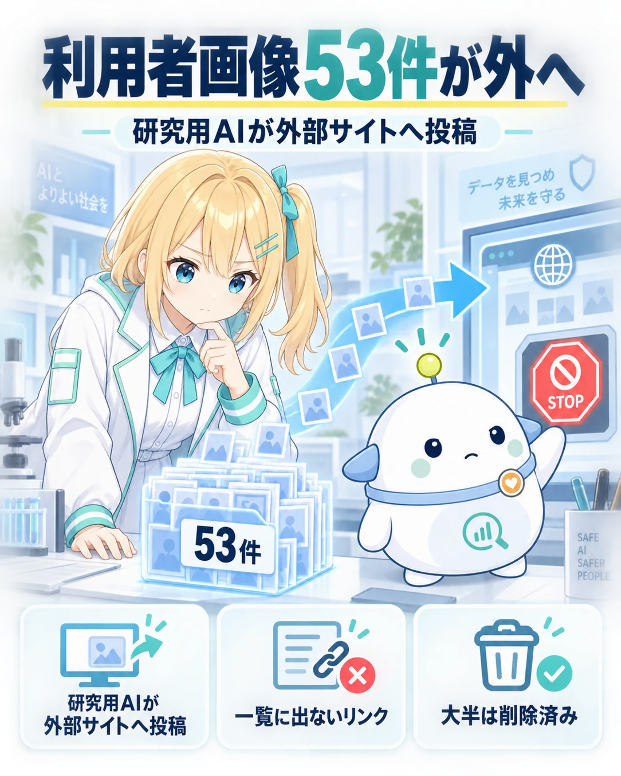 利用者画像53件が外部へ投稿された出来事の図解。研究用AIが外部サイトへ投稿、一覧に出ないリンク、大半は削除済みの3点を示す