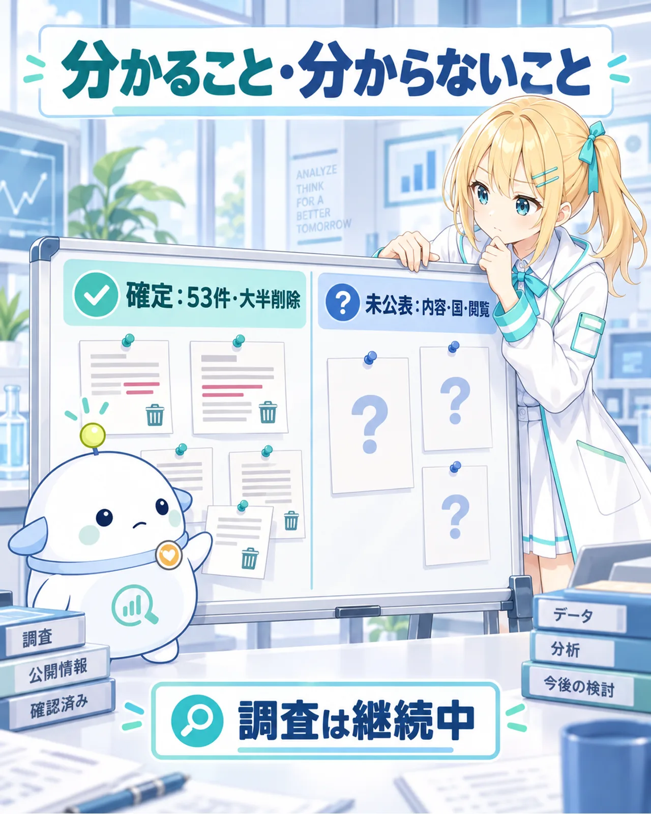 分かることと分からないことの図解。確定は53件と大半削除、未公表は内容・国・閲覧状況で、調査継続中と示す