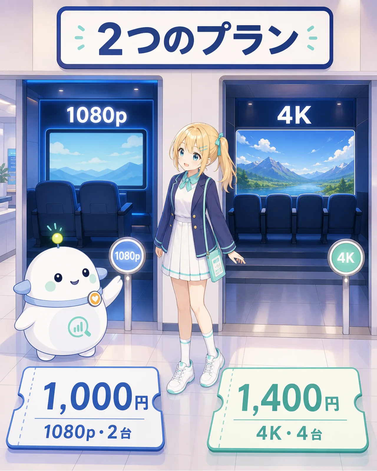 『2つのプラン』『1,000円 1080p・2台』『1,400円 4K・4台』と表示した図解
