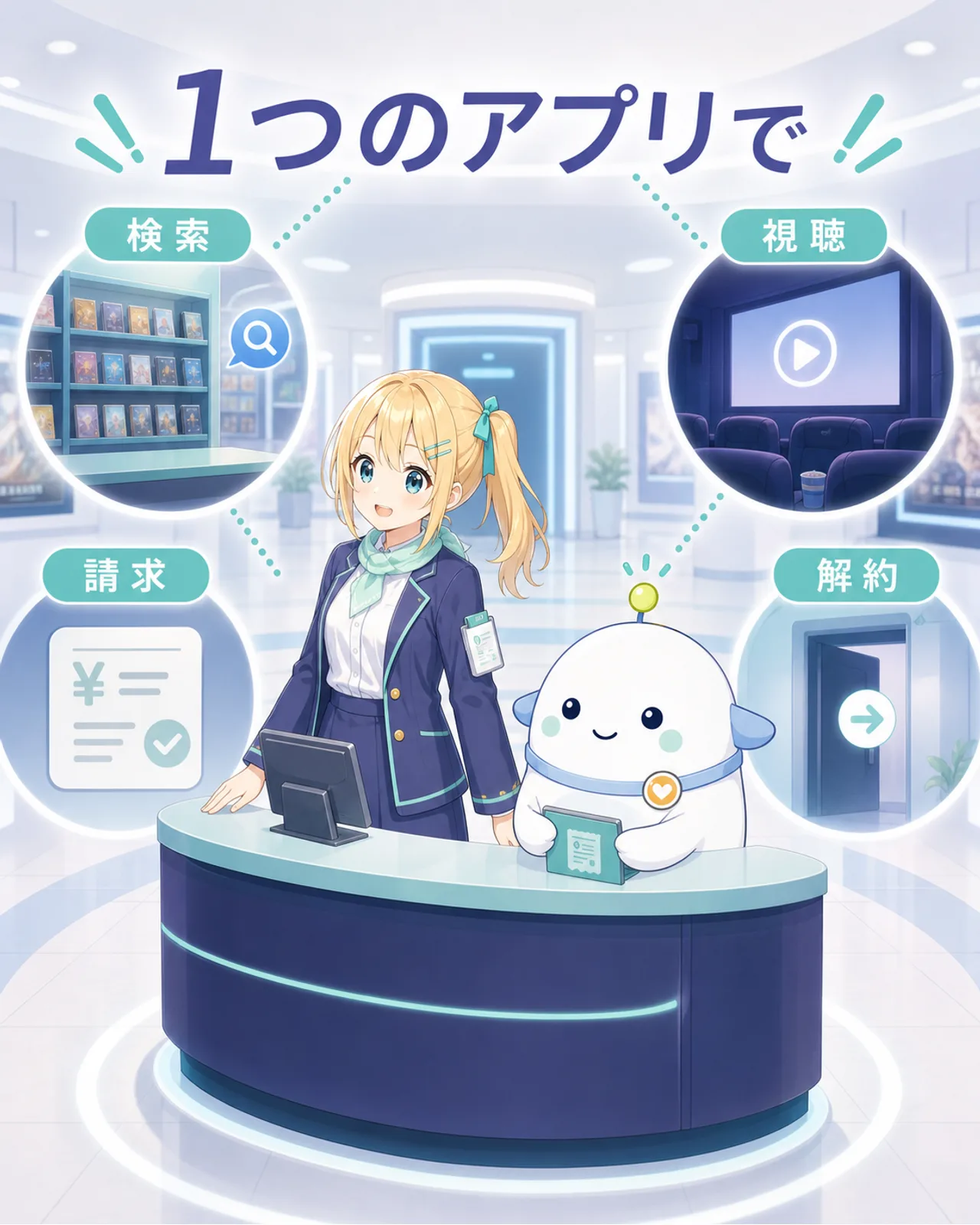 『1つのアプリで』『検索』『視聴』『請求』『解約』と表示した図解