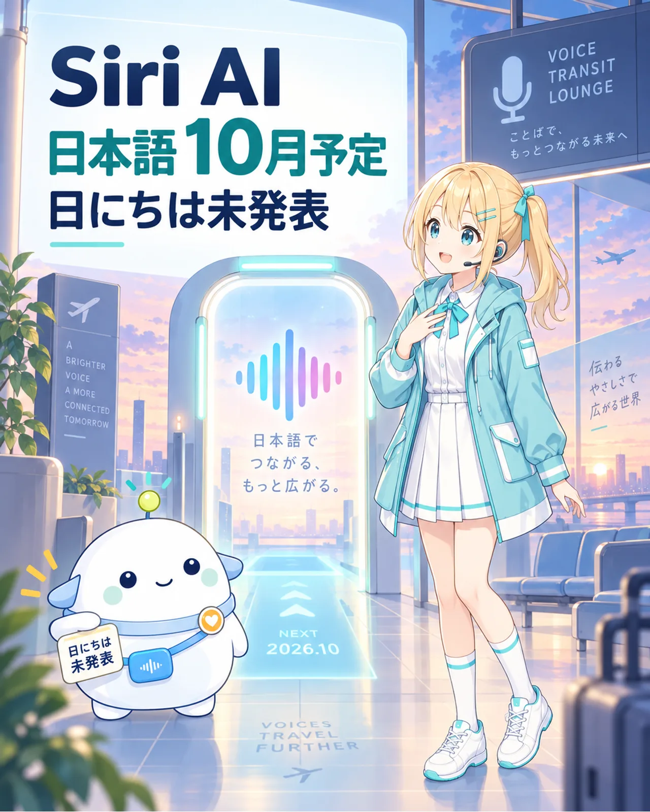 Siri AIは日本語に2026年10月対応予定で、具体的な日にちは未発表だと示す図解
