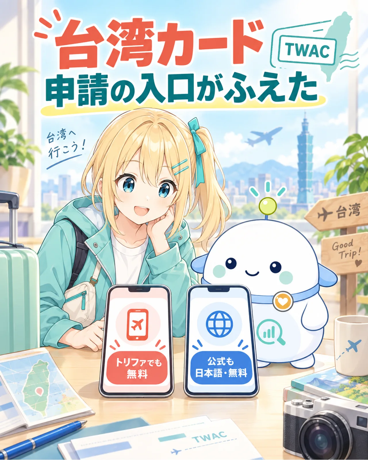 台湾カード申請の入口が増えたことを説明する図解。トリファでも無料、公式TWACも日本語・無料と2台のスマホで示し、旅行準備机でひまりとらぼまるが見比べている