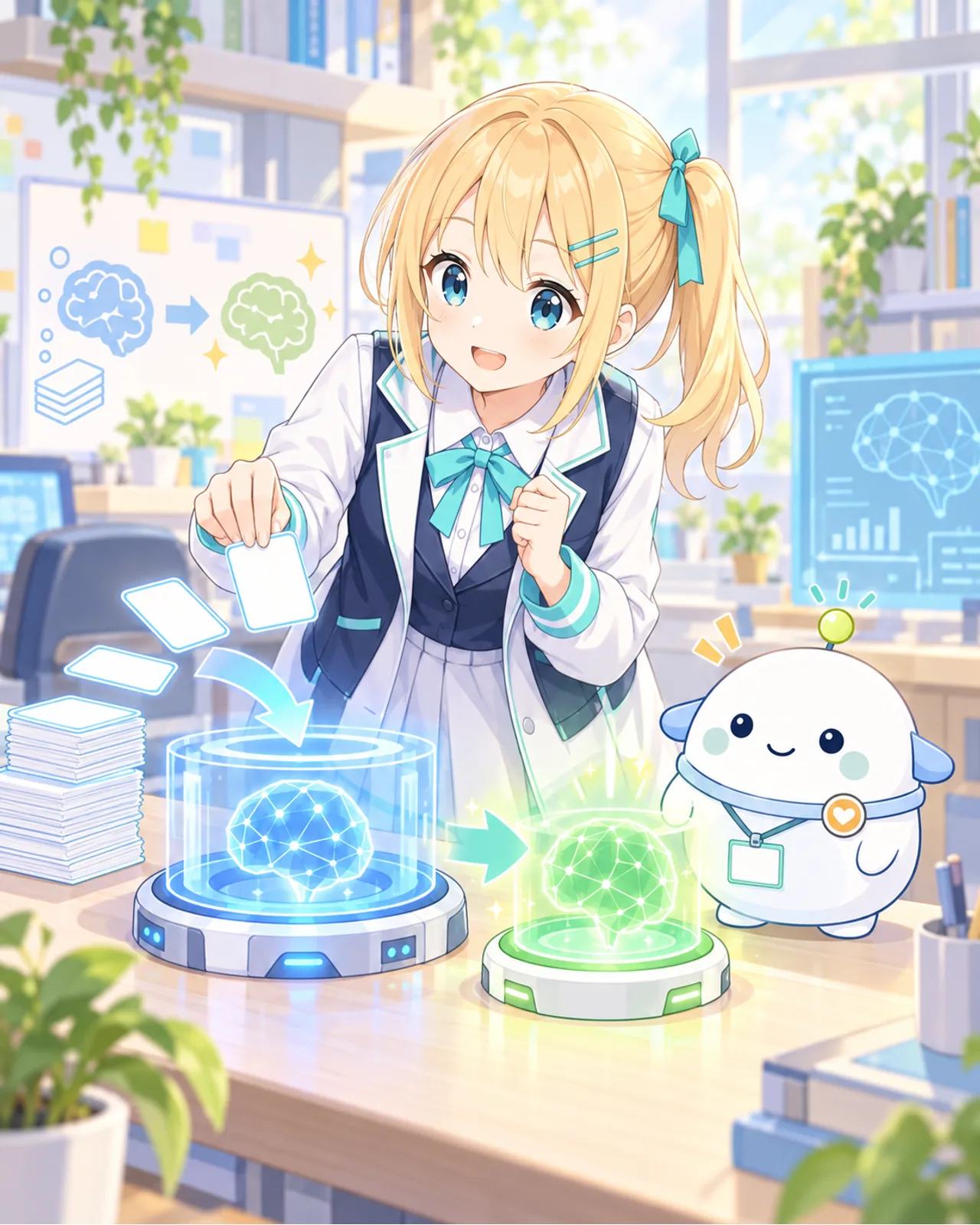 青い土台のAIコアに追加の教材カードを与え、別のコアへ調整するイメージ図