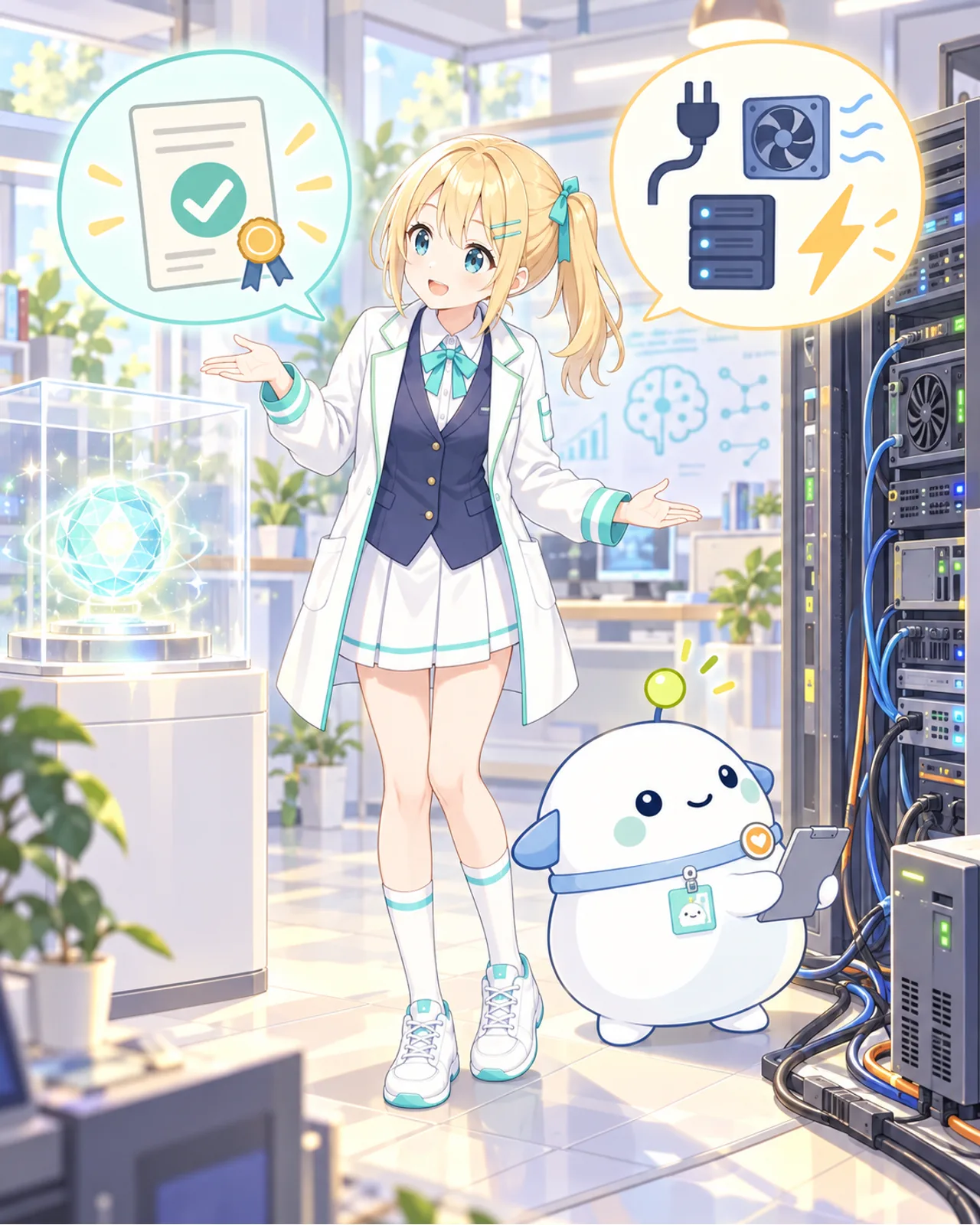 公開されたAIコアと運用設備のサーバー棚をひまりとらぼまるが見比べる図