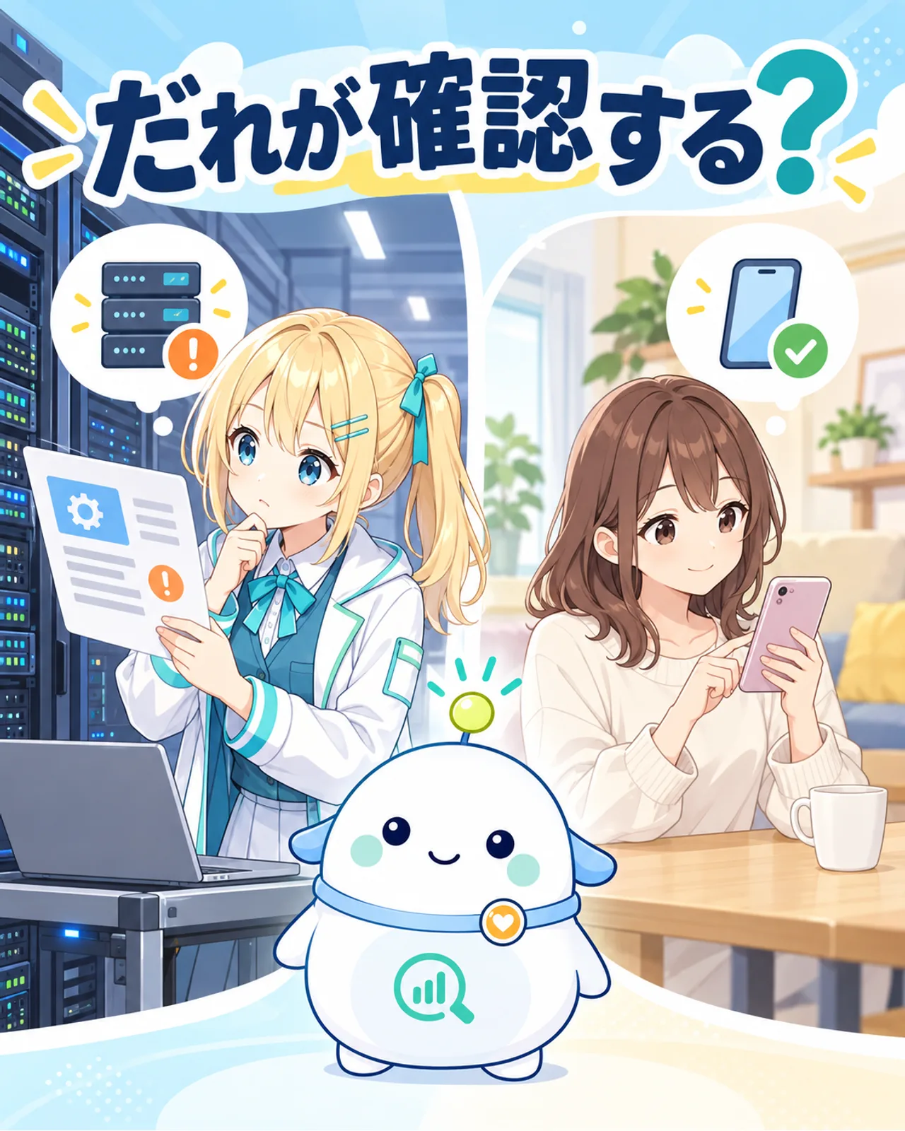 サーバー担当者は更新を確認し一般利用者は案内を待つ図