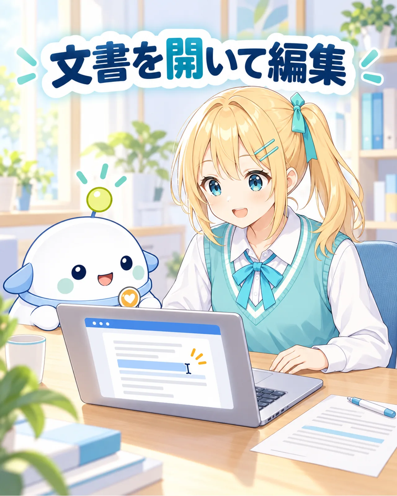 ノートPCの文書を確認するひまりとらぼまる