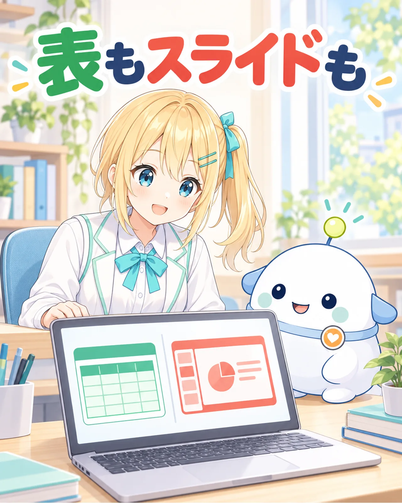 表と発表用スライドをノートPCで見比べるひまりとらぼまる