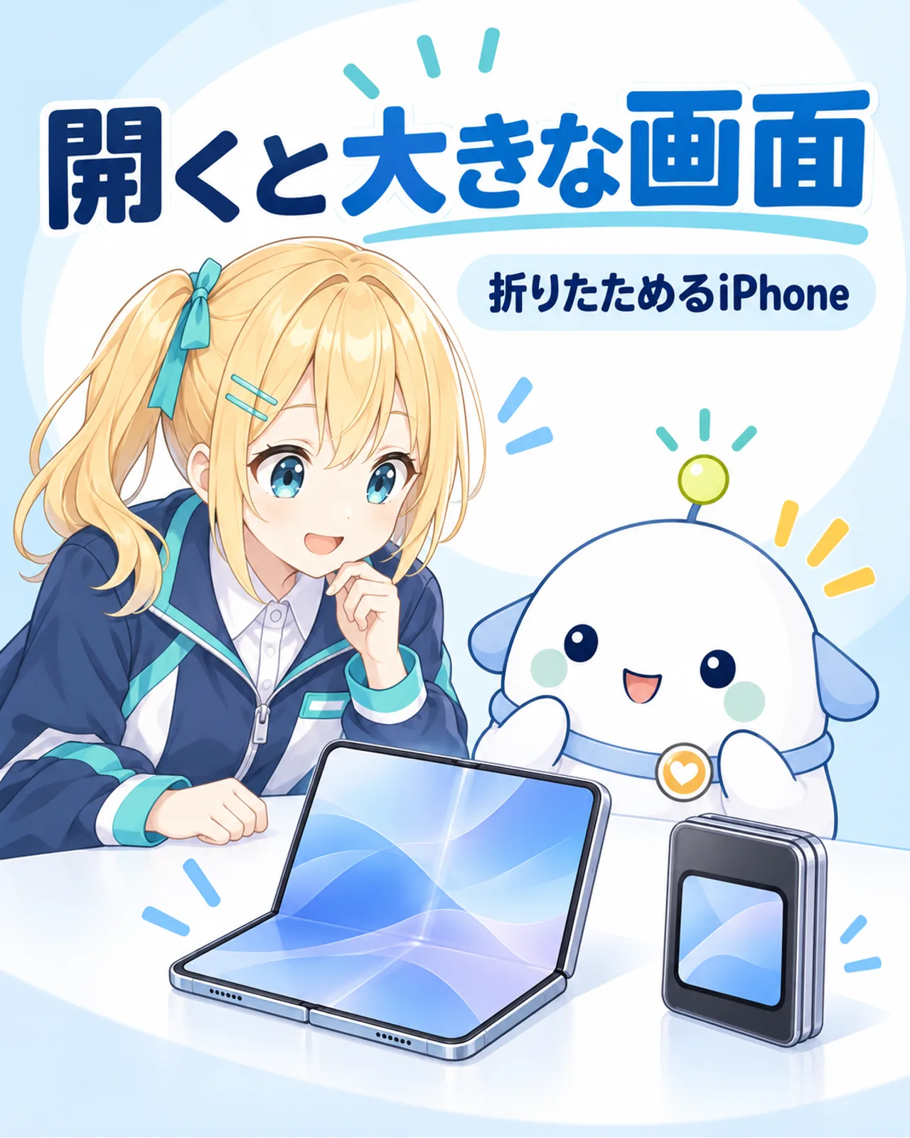 開くと大きな内側画面を使える折りたたみ式iPhoneの図