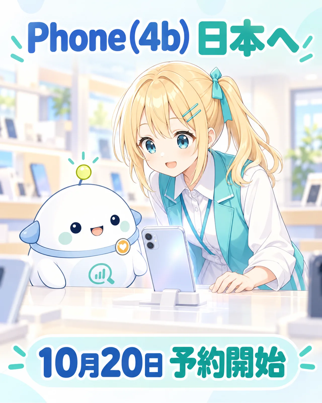 ひまりとらぼまるが売り場でPhone (4b)の国内予約開始を知る図