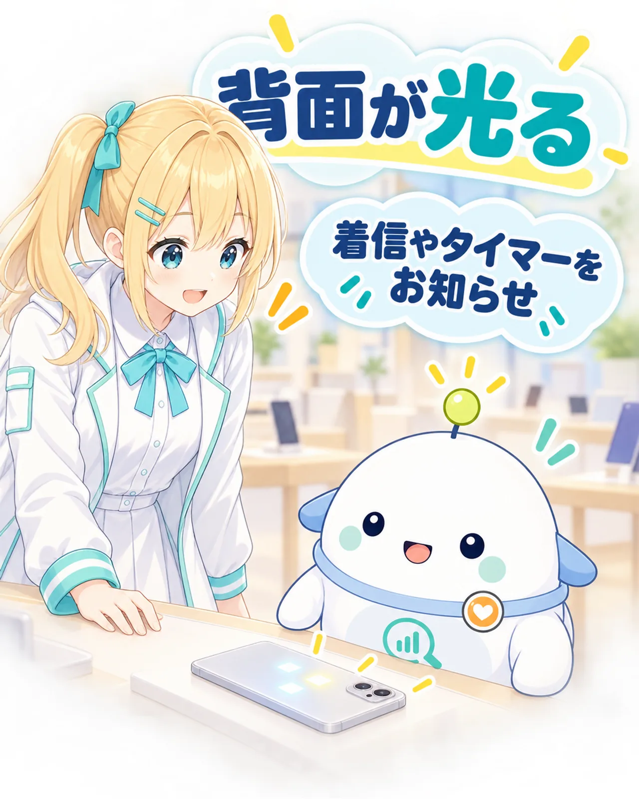 背面の光で着信やタイマーを知らせるGlyphバーを、ひまりとらぼまるが見る図