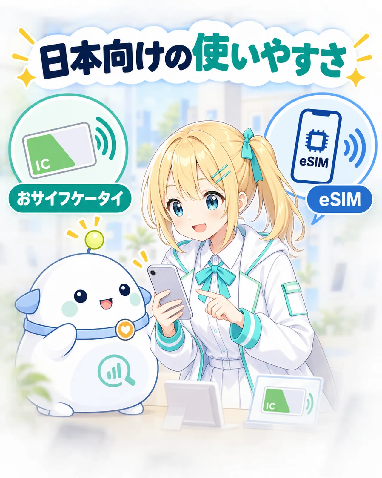 おサイフケータイとeSIMへの対応を交通ICと通信設定の絵で示す図