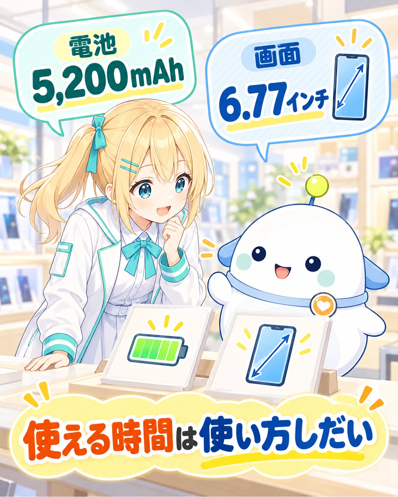 電池5,200mAhと画面6.77インチを示し、実際の使用時間は使い方によると補足する図