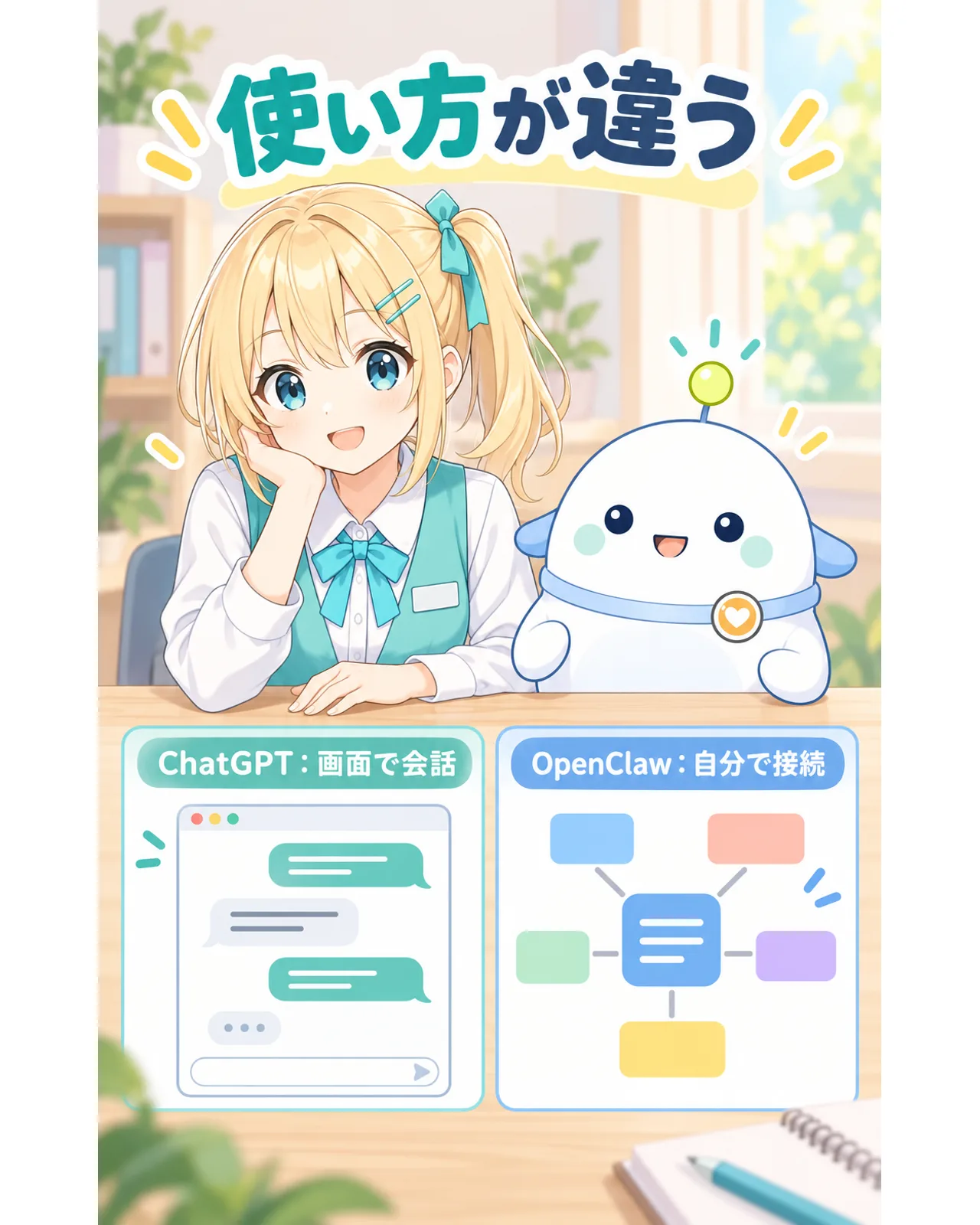 ChatGPTの画面で会話する使い方と、OpenClawで接続を自分で設定する使い方の比較図