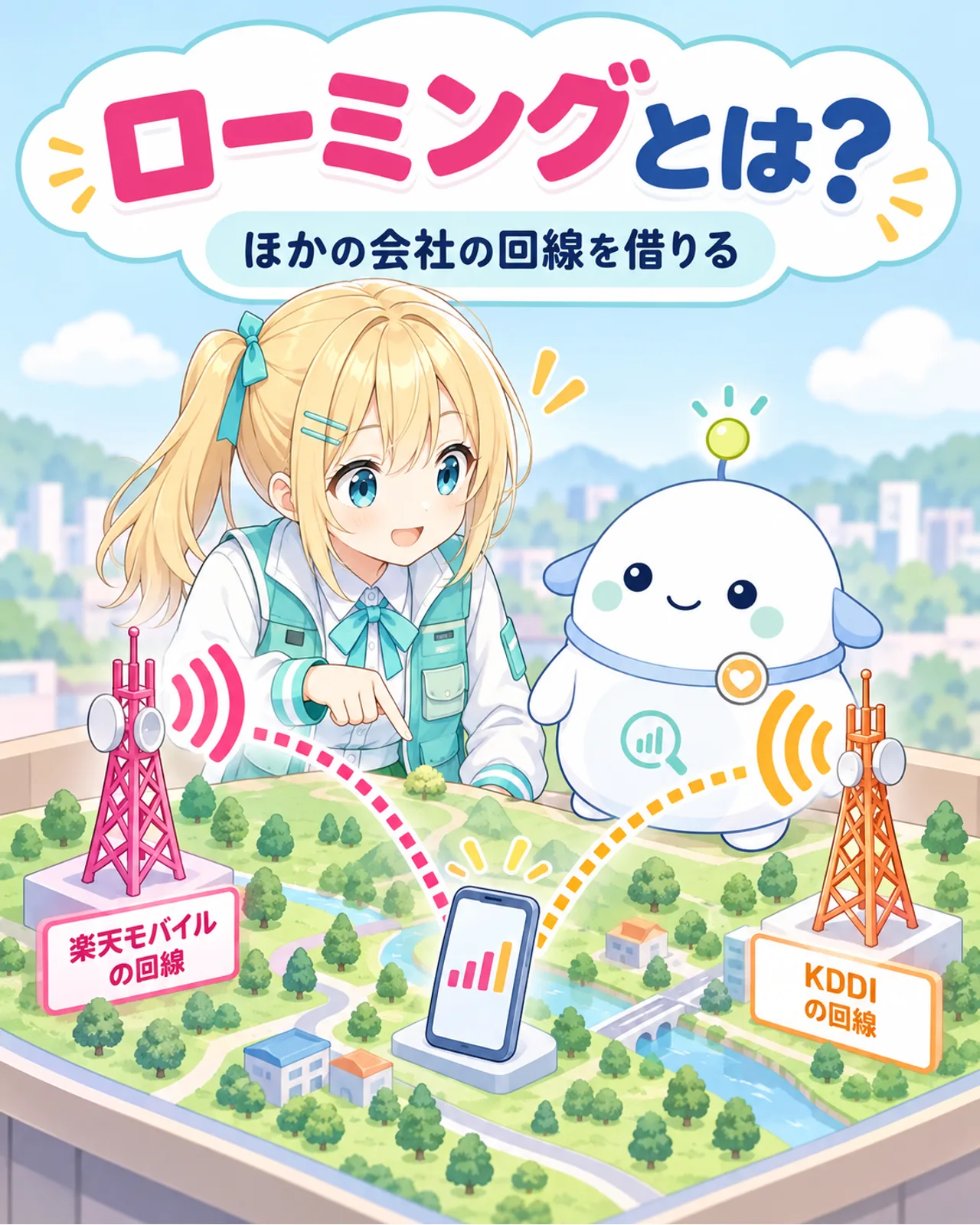 楽天モバイルが自社回線に加えてKDDIの回線を借りる仕組みを、二つの基地局の模型で説明する図