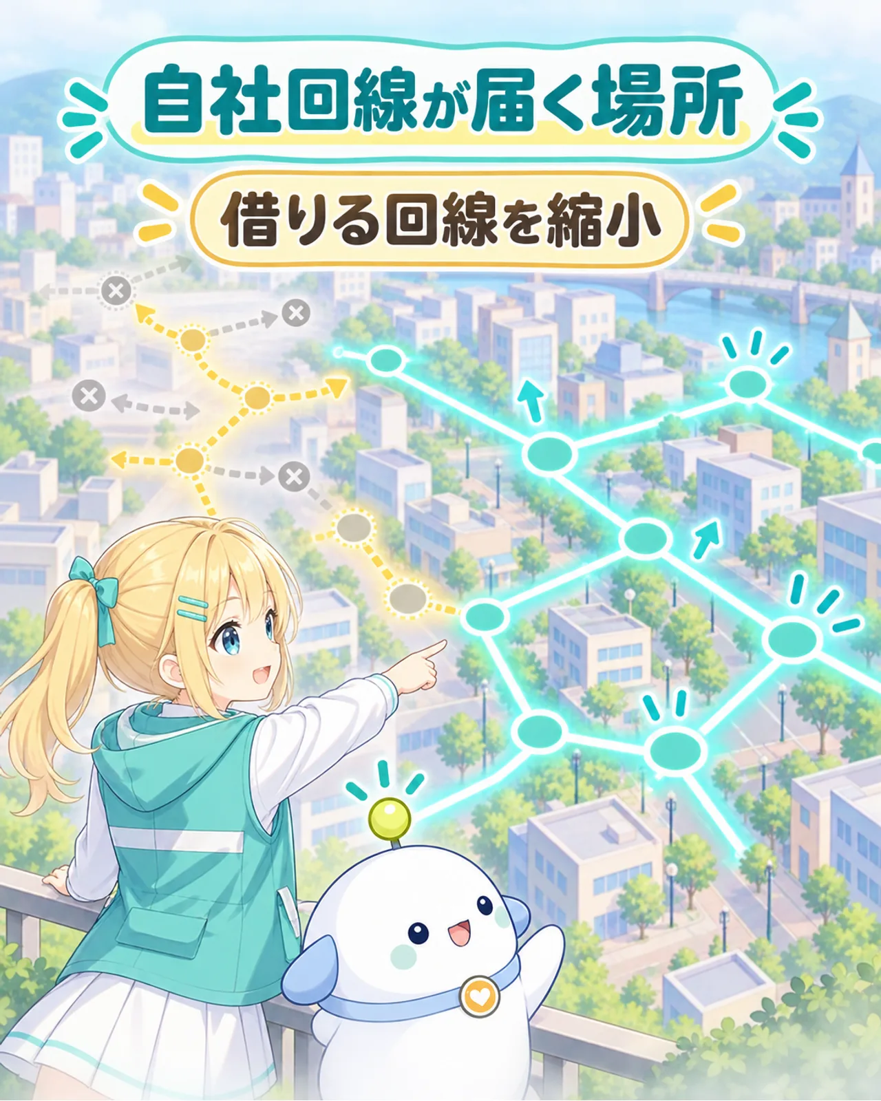 楽天回線が十分届く場所では、KDDIから借りる回線を縮小することを示す抽象図