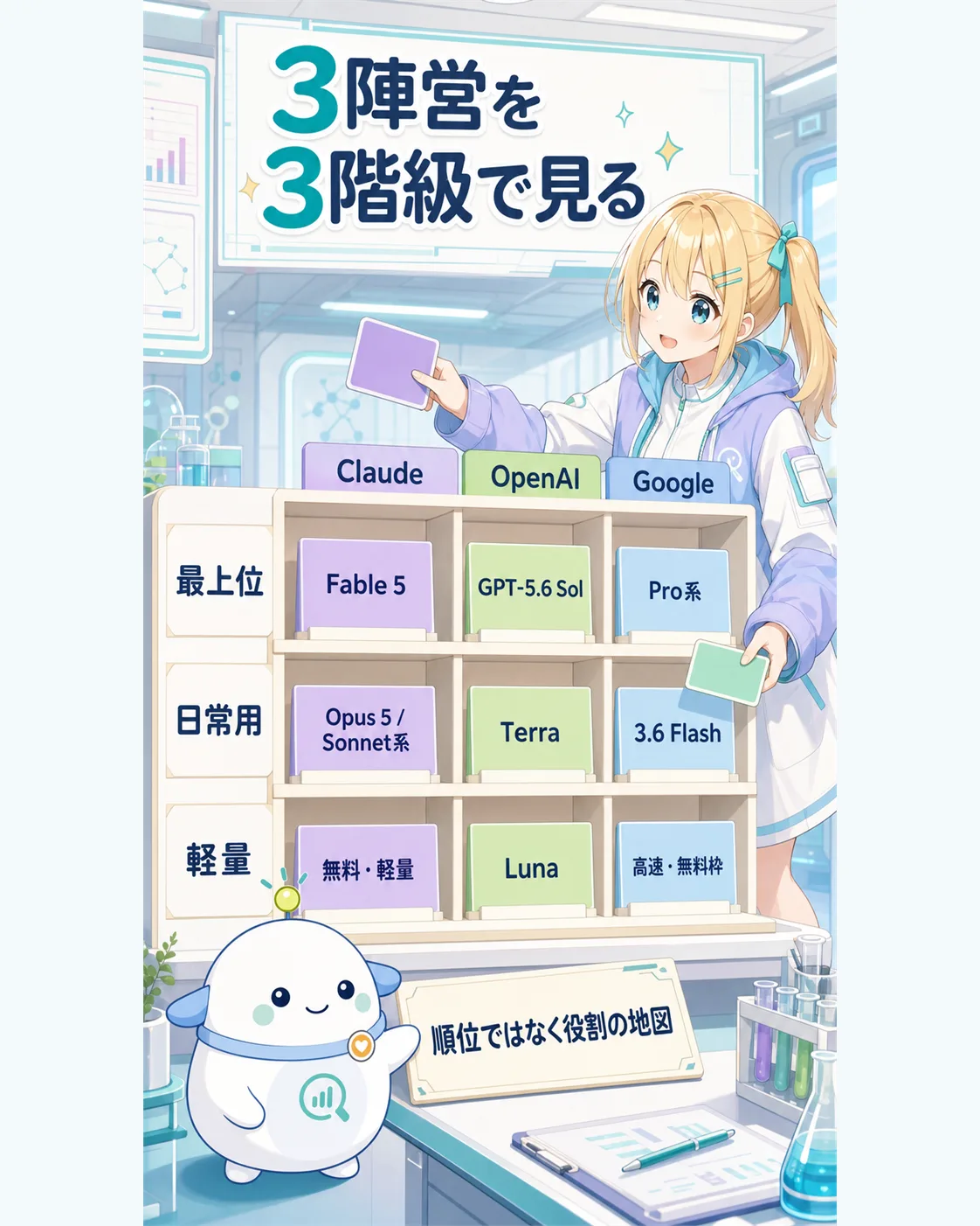 Claude、OpenAI、Googleのモデルを最上位、日常用、軽量の3階級で整理した図解