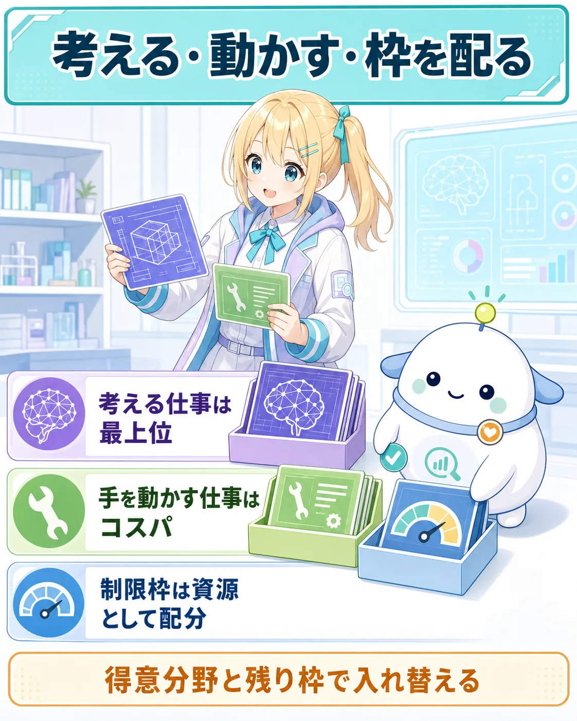 考える仕事は最上位、手を動かす仕事はコスパ、制限枠は資源として配分という原則の図解