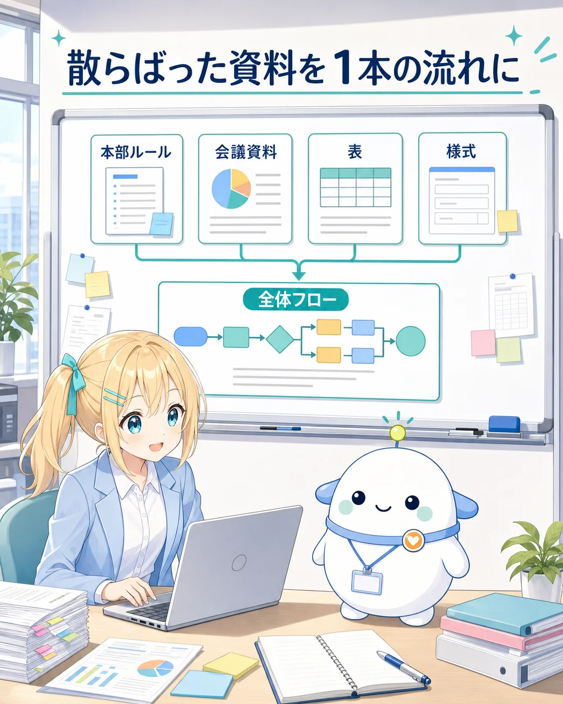 複数のルール、会議資料、表、様式を読み込み、全体フローへ整理する様子の図解