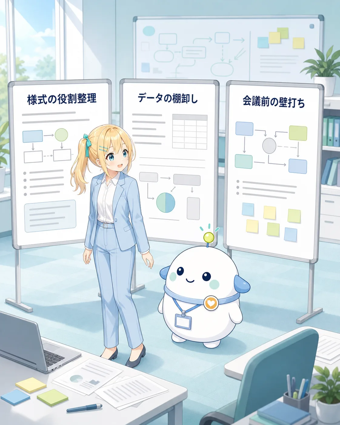 様式の役割整理、データの棚卸し、会議準備という生成AIの3つの使用場面を示す図解