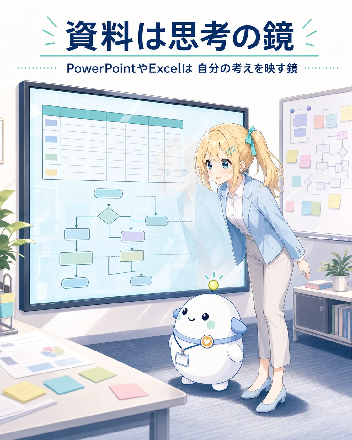 PowerPointやExcelが完成品であると同時に自分の考えを映す鏡になることを示す図解