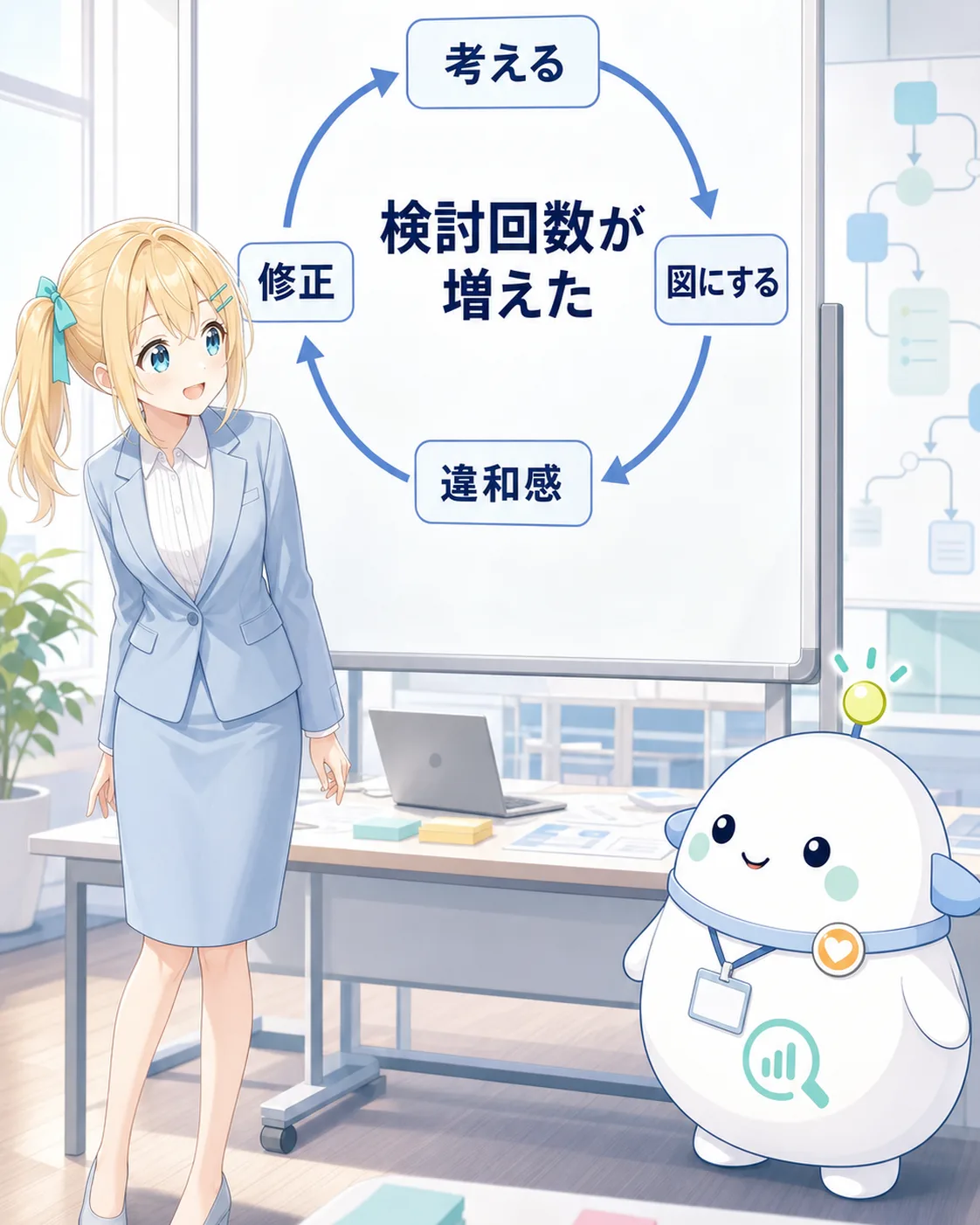 考える、図にする、違和感を見つける、修正するという検討サイクルの図解