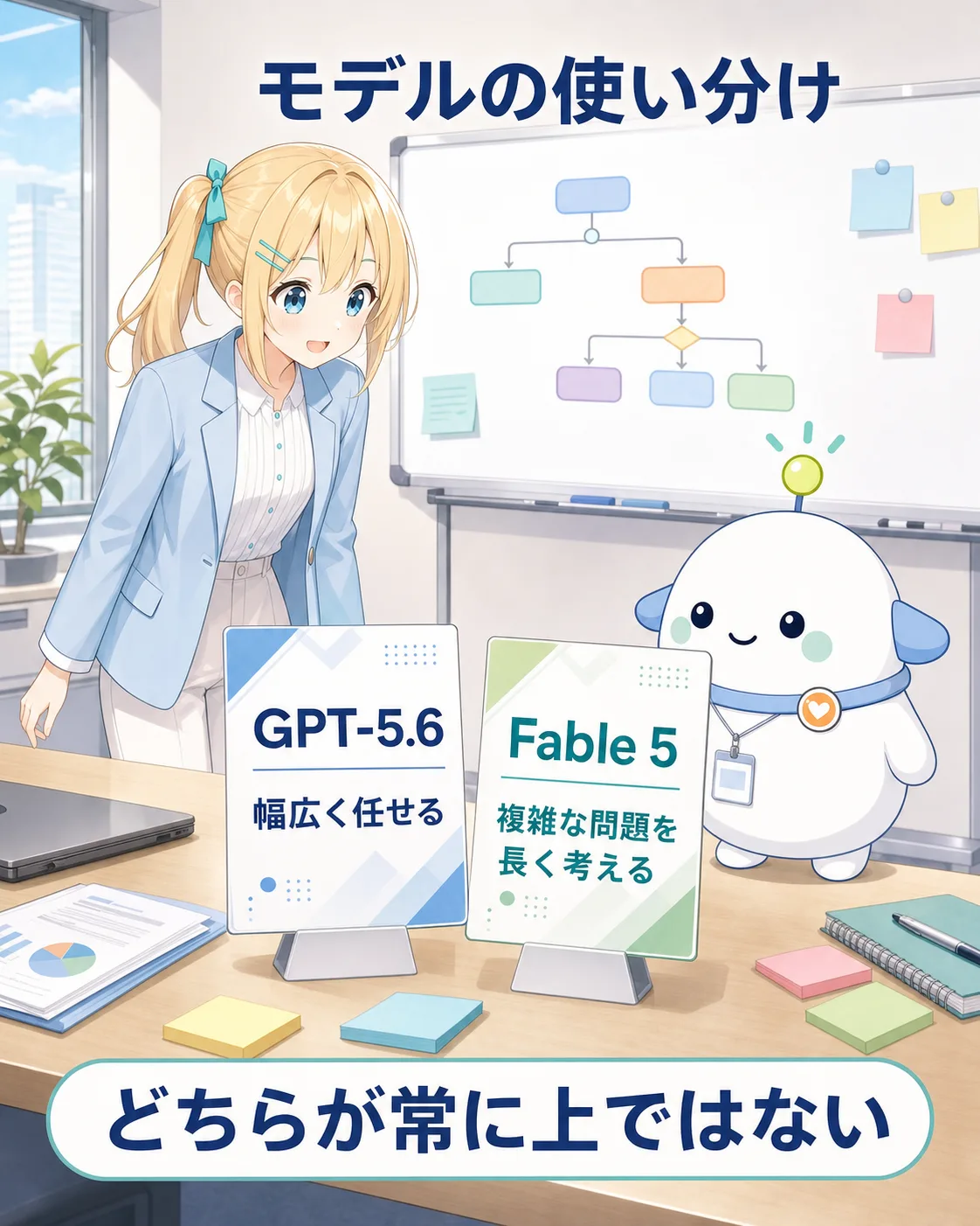 GPT-5.6は幅広い実務、Fable 5は複雑な問題を長く考える場面という使い分けの図解
