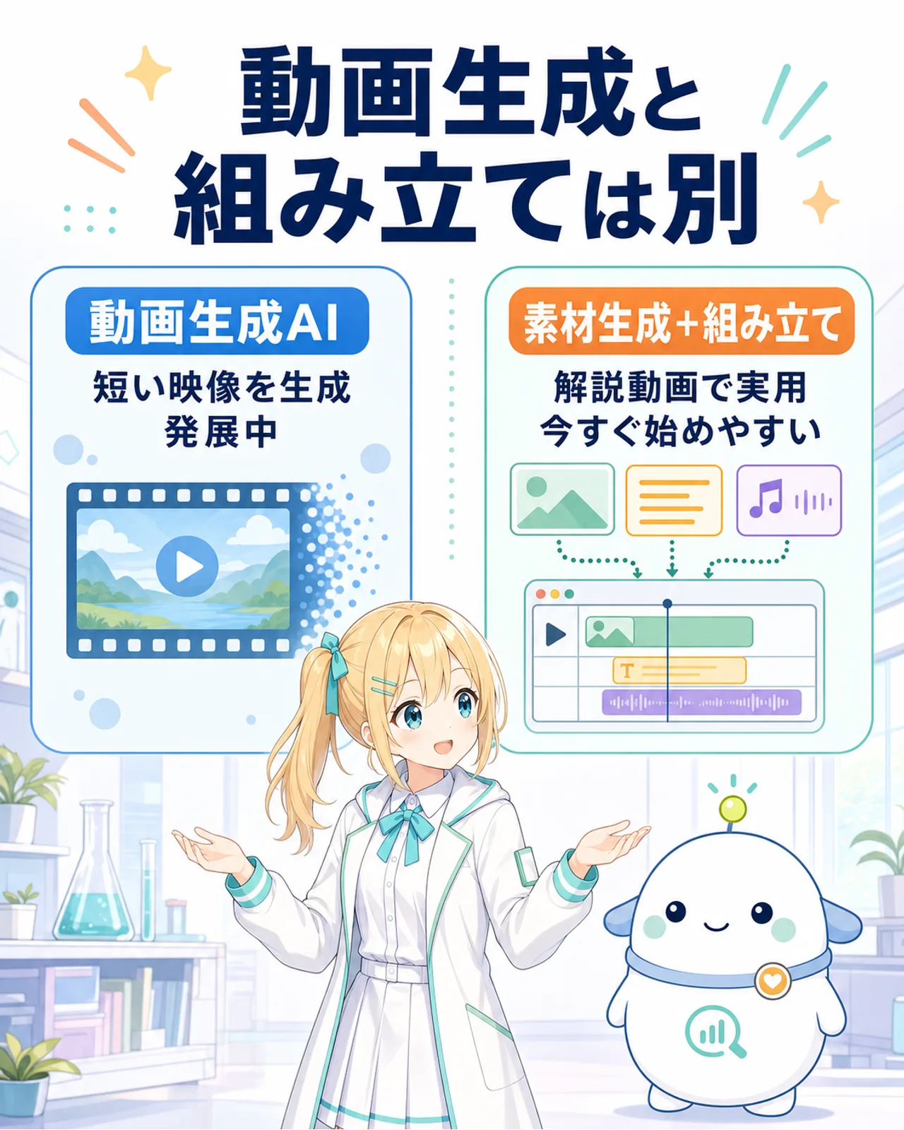 短い映像を作る動画生成AIと、台本・音声・画像・字幕を組み立てる実用的な解説動画制作を左右で比較した図解