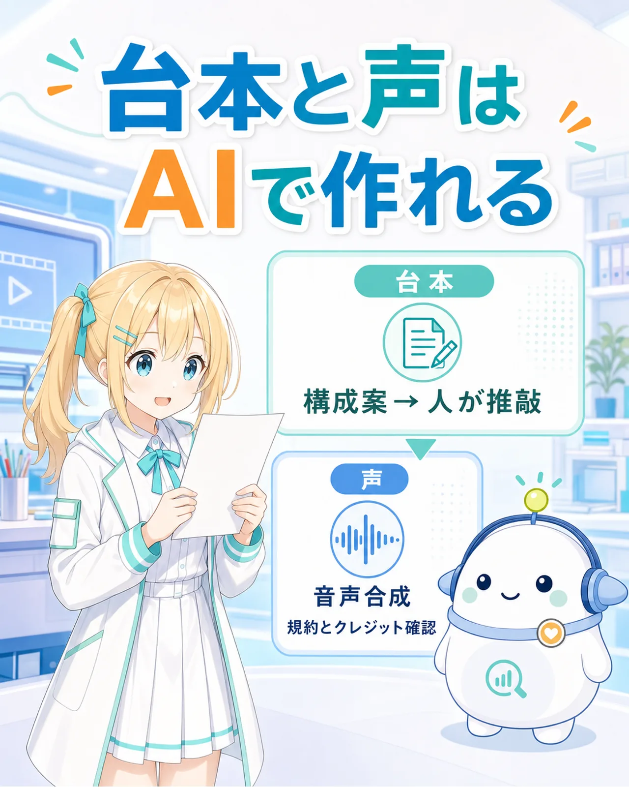 台本はAIの構成案を人が推敲し、音声合成は規約とクレジットを確認する流れを示した図解