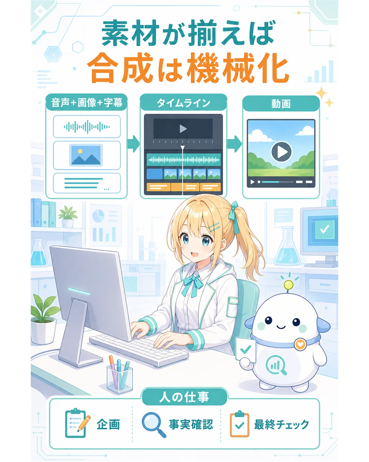 音声・画像・字幕を編集タイムラインへ自動配置し、人は企画、事実確認、最終チェックに集中する流れを示した図解