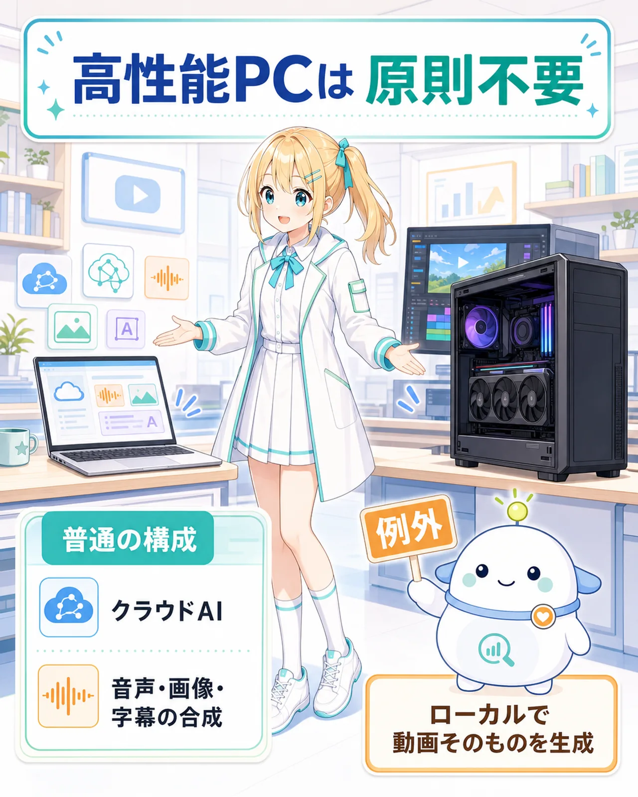 クラウドAIと一般的な動画合成には高性能PCが原則不要で、ローカル動画生成だけが例外であることを示した図解