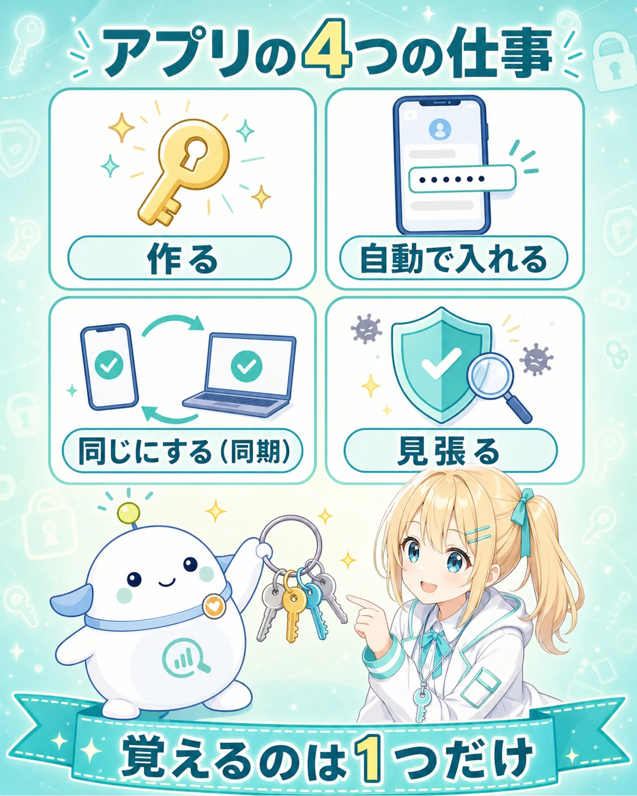 パスワード管理アプリの4つの仕事を示す図解。作る(強いパスワードの生成)、自動で入れる(自動入力)、同じにする(全端末で同期)、見張る(漏えい監視)の4カード