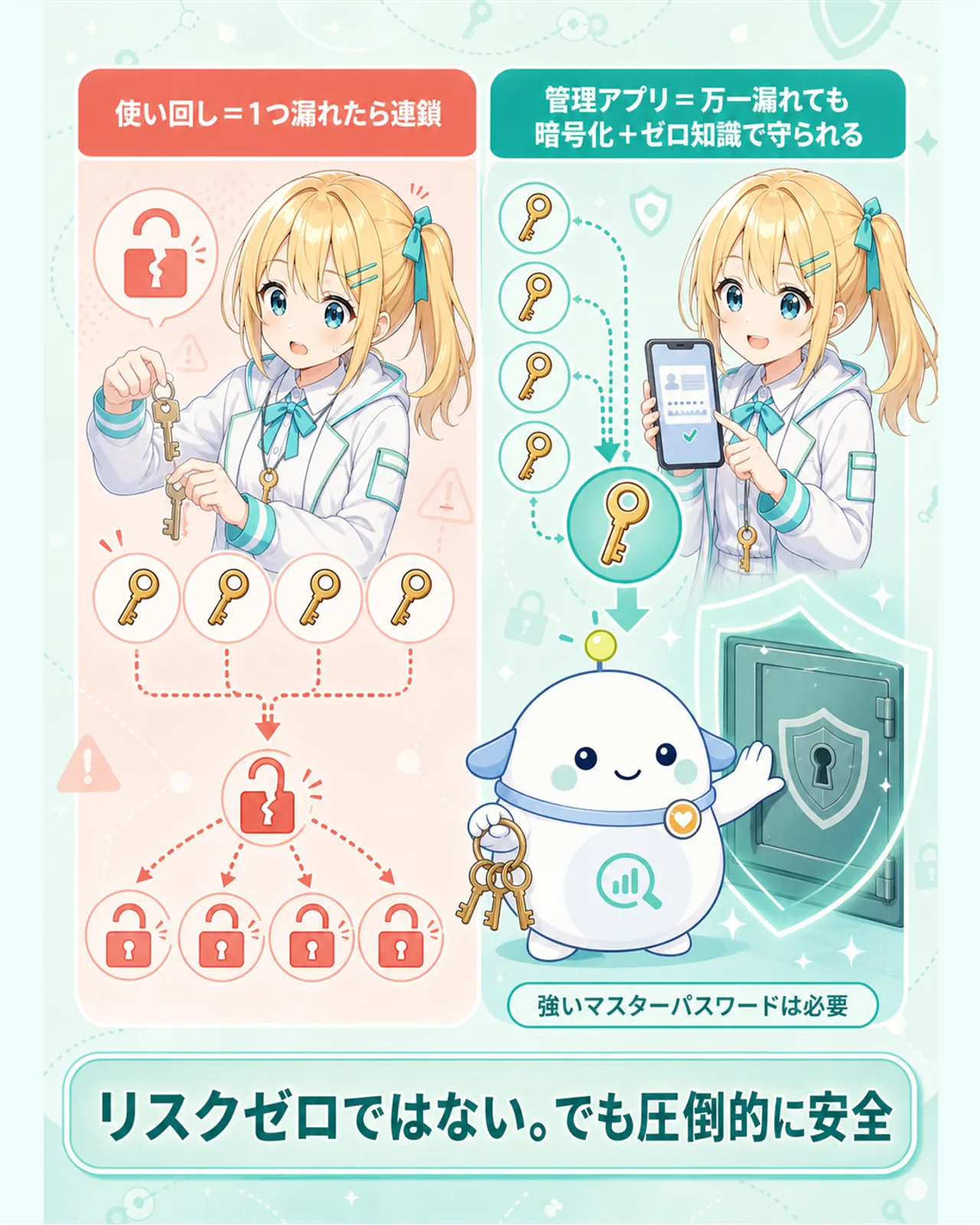 使い回しと管理アプリの誠実な比較図解。左は使い回しで1つ漏れたら連鎖、右は管理アプリで万一漏れても暗号化とゼロ知識で守られる。ただし強いマスターパスワードは必要と添える