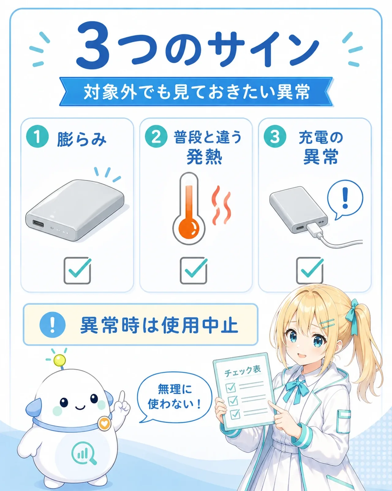 「3つのサイン」の図解。対象外でも見ておきたい異常として、1.膨らみ、2.普段と違う発熱、3.充電の異常、の3枚のチェックカード。下部に「異常時は使用中止」の注意帯。ひまりがチェック表を持ち、らぼまるが「無理に使わない!」と補足する構図